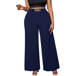 Coolmee Large Size Women's High Waist Palazzo Pants Casual Wide Leg Trousers Loose Work Office Business Suit Pant Pockets - 1 of 4