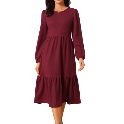 INSPIRE CHIC Women's Fall Long Sleeve Round Neck Tiered Casual Knit A-Line Midi Dress with Pockets