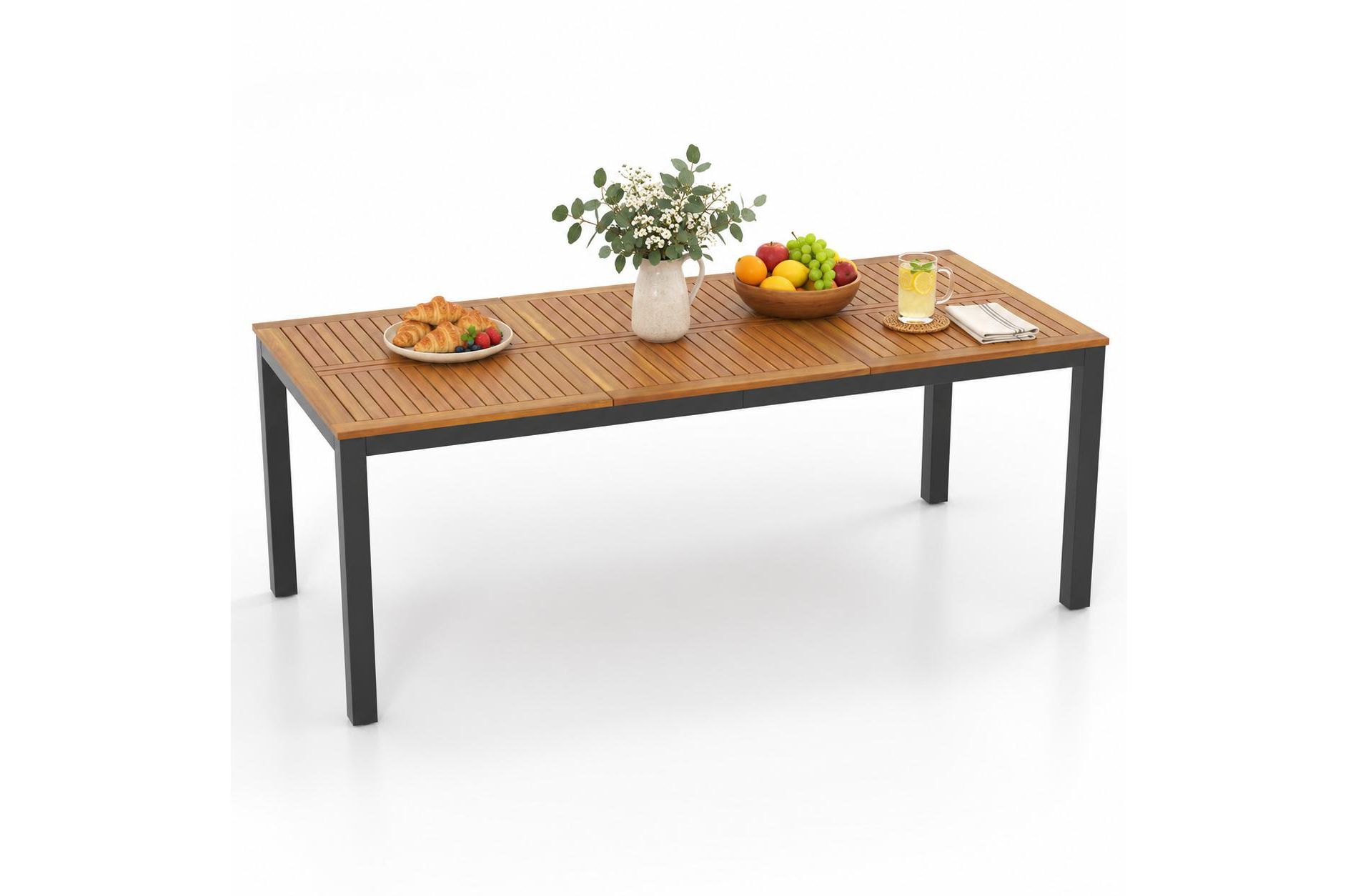 79 Inch Acacia Wood Patio Dining Table with Umbrella Hole for 8 People, Natural and Black