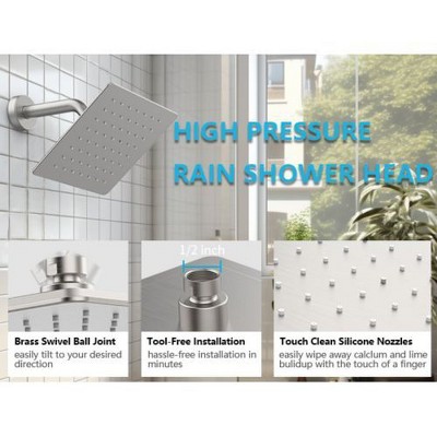 Shower Faucet with Storage Rack and Rain Shower Head - Complete Shower Kit with single spray head and brushed nickel faucet set.
