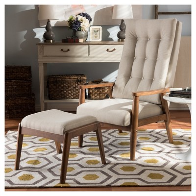 Mid-Century Modern Light Beige Leather Accent Chair with Walnut Wood Frame