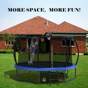 12FT Outdoor Kids Trampoline with Safety Enclosure Net, Ladder & Basketball Set, Pumpkin-Style Recreational Trampolines - ModernLuxe - 1 of 4