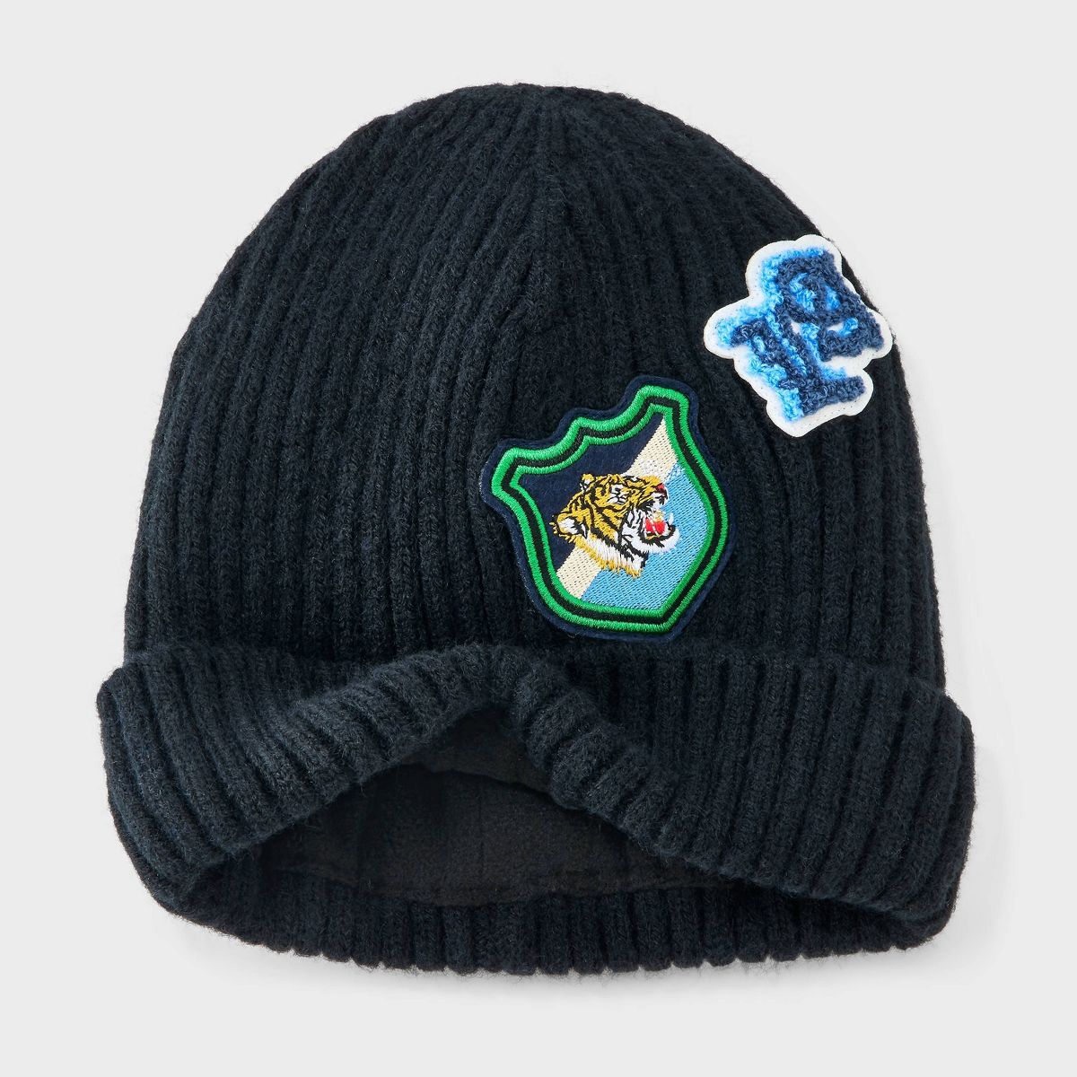 Boys' Patch Beanie Knit Hat - Cat & Jack™ Black - thumbnail 2