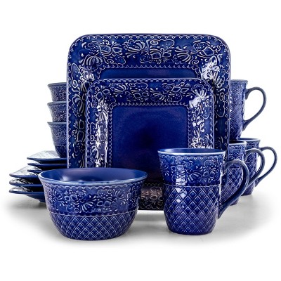 16pc Stoneware Floral Night Sky Square Dinnerware Set Blue - Elama