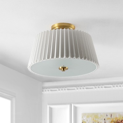 White Pleated Fabric Drum Flush Mount with Brass Gold Accents