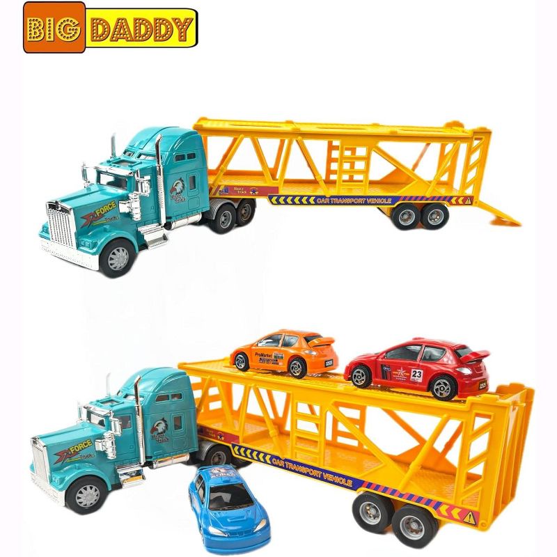 Big Daddy Heavy Duty Tractor Trailer Race Car Transport Toy Truck with 3 Cars, 2 of 6