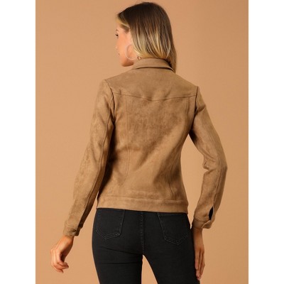INSPIRE CHIC Women's Turn-Down Collar Flap Pockets Snap Button Faux Suede Jacket 2 Packs Brown/Army Green Small — фото 4