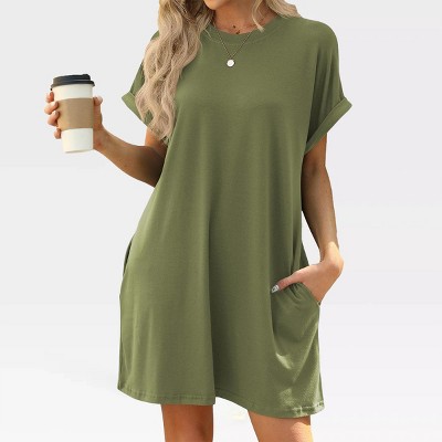 Womens Crew Neck T Shirt Dress Summer Shift Dress Basic Comfy A Line Lounge Dress V Neck Solid Pajama Dress Short Sleeve Nightgowns