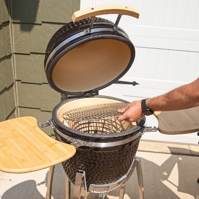 Black Ceramic Kamado Grill with Smoker and Bamboo Side Tables