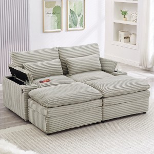 70.9" Convertible Sectional Sofas Bed with Storage Armrests, 2 Movable Ottomans, 4 USB Ports & 2 Cup Holders, Corduroy Upholstery for Living Room - 1 of 4