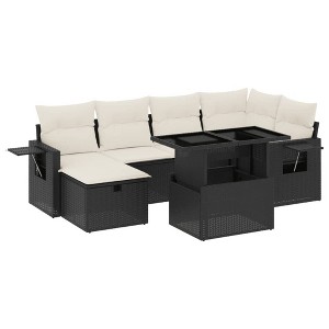 vidaXL 7 Piece Patio Sofa Set with Cushions Black and Cream Poly Rattan - without storage - 1 of 4