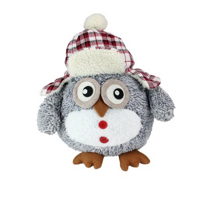 Northlight 12" Gray and Red Owl with Plaid Bomber Cap Plush Christmas Tabletop Figurine