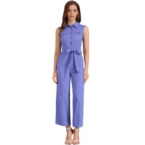 Allegra K Women's Button Down Collared Wide Leg Tie-Waist Sleeveless Cargo Jumpsuits - 1 of 4