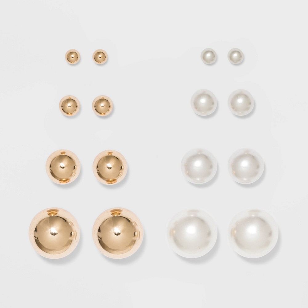 Photos - Earrings Stud Earring Set 8pc - A New Day™ Gold/Pearl