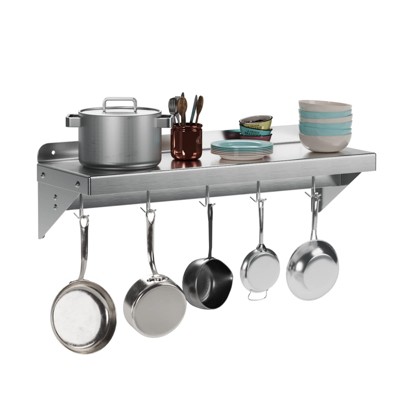 12"x24" Stainless Steel Shelf,Multifunctional Metal Wall Mounted Shelf with 2 Stainless Steel Backsplashs and 5 Hooks