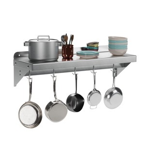 12"x24" Stainless Steel Shelf,Multifunctional Metal Wall Mounted Shelf with 2 Stainless Steel Backsplashs and 5 Hooks - 1 of 4
