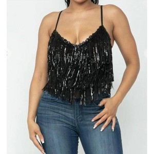 Women's Sequin Fringe V-neck Top - Hera Collection - 1 of 4