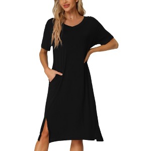 cheibear Women's Casual V-neck Short Sleeve T-shirt Dress Nightshirt Basic Midi Shirtdress - 1 of 4