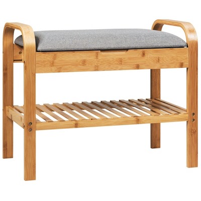 Costway Shoe Rack Bench Bamboo W/Cushioned Seat&Storage Shelf Padded Seat Shoe Bench