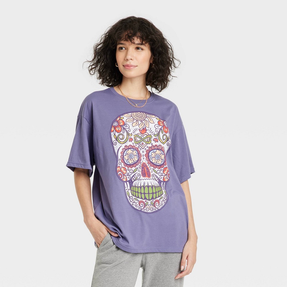 size XXL Women's Dia De Los Muertos Sugar Skull Short Sleeve Graphic T-Shirt - Purple 