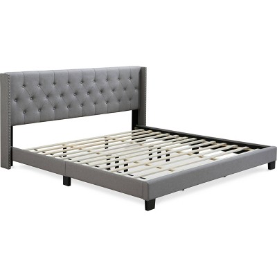 Luxurious Grey Linen King Upholstered Bed with Tufted Wingback Headboard