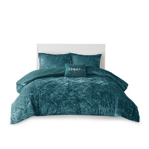 Gulches Full Queen Teal 4 Piece Velvet Comforter Set with Throw Pillow - 1 of 4