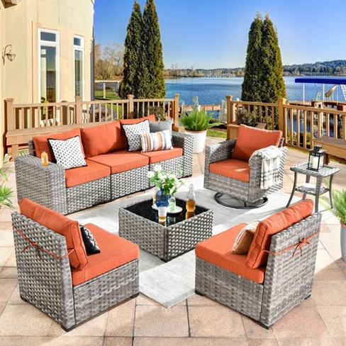 Ovios Marlton 8pc Wicker Outdoor Patio Furniture Set Conversation Sofa Sectional With A Swivel Chair And Black Cushions Target