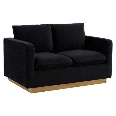 LeisureMod Nervo Mid-Century Modern Upholstered Velvet Loveseat with Gold Frame