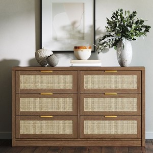 6 Drawer Dresser for Bedroom, Rattan Chest of Drawers with Gold Handle, 52.7"W Storage Dressers Organizer, Entryway Console Table - 1 of 4