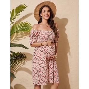 Floral Maternity Dress Square Neck Puff Sleeve Smocked Boho Photoshoot Baby Shower Pregnancy Dresses - 1 of 4
