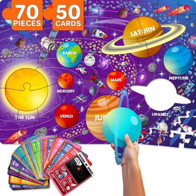 QUOKKA 70 Pieces Jigsaw Puzzles for Kids 4 5 6 Years Old - 400+ Facts on 50 Double-Sided Flashcards | Learn World| Education Activity Gift