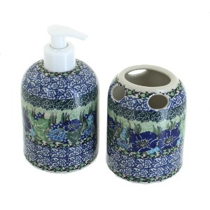 Blue Rose Polish Pottery 573 Ceramika Artystyczna Soap Dispenser & Toothbrush Holder - 1 of 1