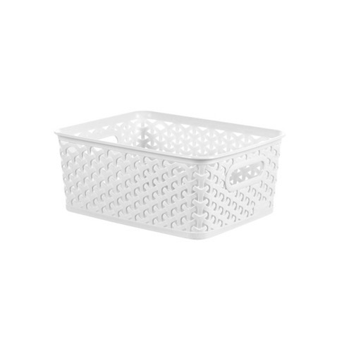 Small Plastic Basket Weave Tote, White, 10 x 7 inches
