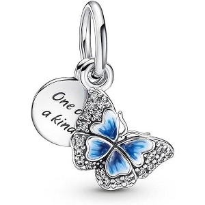 Sterling Silver Blue Butterfly & Quote Double Dangle Charm, with Cubic Zirconia & Enamel Jewelry - 1 of 2