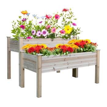Outsunny 2 Tier Raised Garden Bed, Elevated Wooden 2 Box Planter, Gardening Grow Stand, Planting Bed for Flowers, Vegetables, Herb