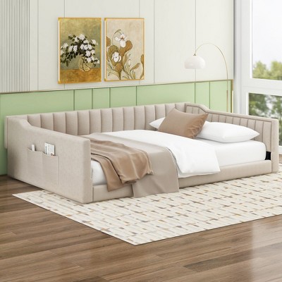 CAVINAS Twin/Full Size Pine Wood Velvet Upholstered Daybed Bed Frame with Side Storage pocket,No Box Spring Needed