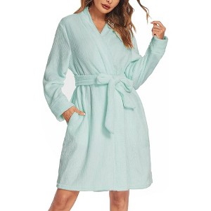 Ekouaer Women Fleece Bathrobe Plush Short Robe Long Sleeve Robe Attached Belt Soft Sleepwear Ladies Loungewear - 1 of 4