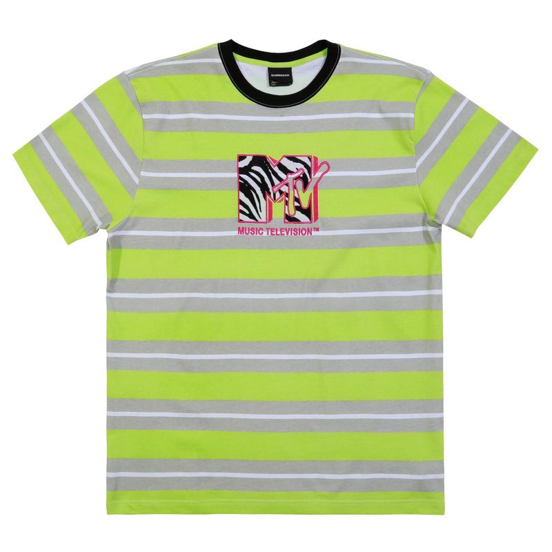 MTV Embroidered Zebra Print Logo Crew Neck Short Sleeve Lime & Gray Striped T-shirt, 1 of 3