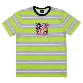 MTV Embroidered Zebra Print Logo Crew Neck Short Sleeve Lime & Gray Striped T-shirt