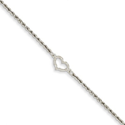 Black Bow Jewelry 14k Gold White Gold Rope with Heart Anklet, 10 Inch