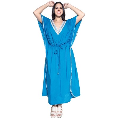 LA LEELA Women's House Daily Routine Evening Wear Vacation Holiday Casual Dailywear Loungewear Loose Caftan Maxi Robe Flowy Home Wear 3X-4X Blue Solid