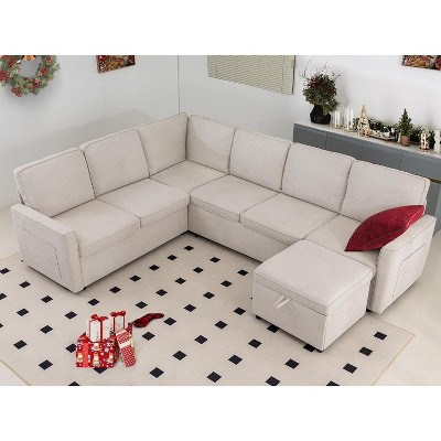 Vipbear combination sofa with pull-out bed, high-end modern linen U-shaped sofa bed, 101 "convertible sofa, 7-seater combination sofa, beige