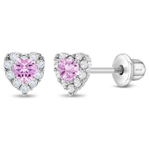 Girls' Princess Heart CZ Screw Back Sterling Silver Earrings - Pink - In  Season Jewelry