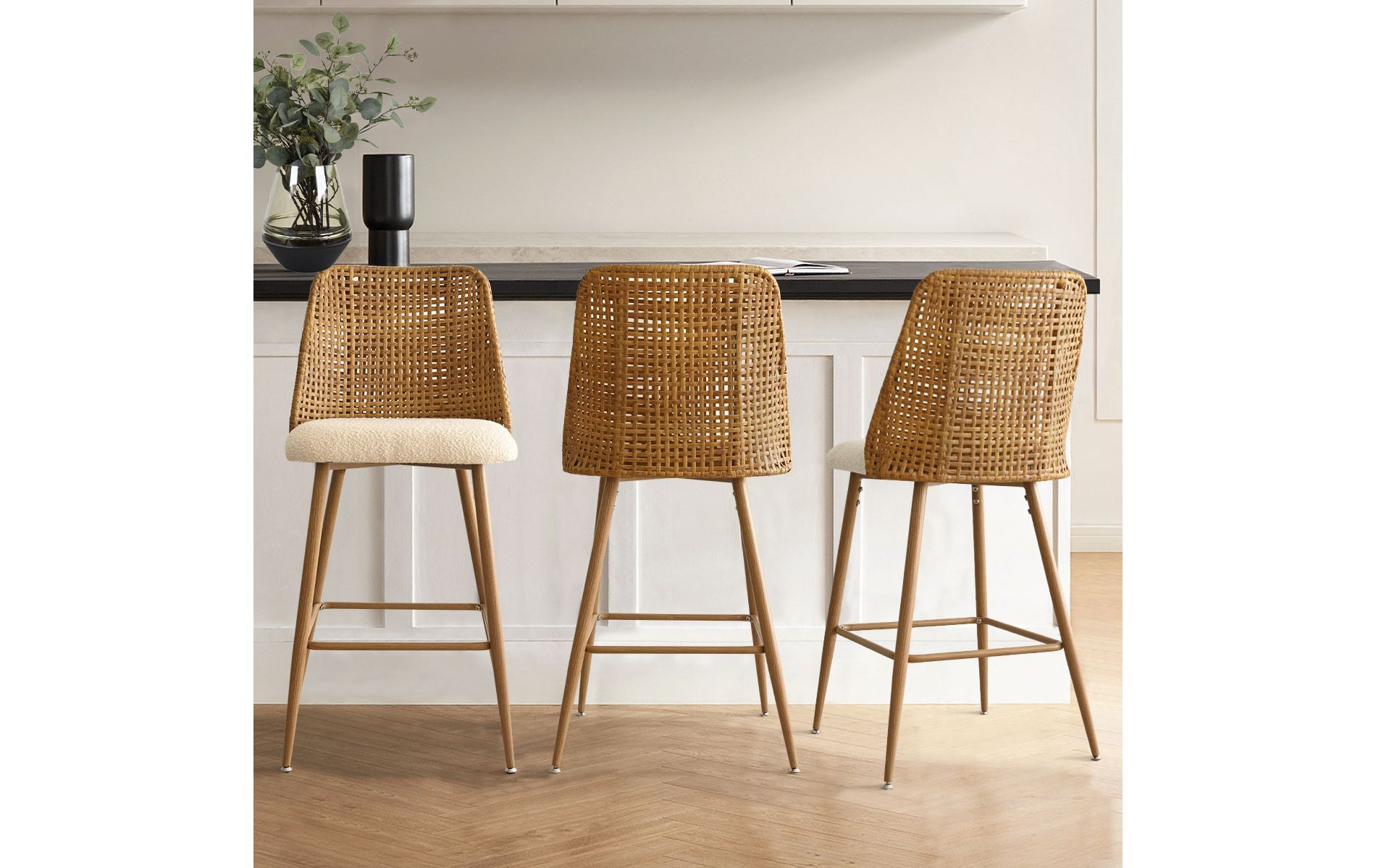 Set of 3 Rattan Back Counter Height Bar Stools, 27" Modern Boho Boucle Kitchen Island Chairs with Oak Finish Legs - Panipeachy