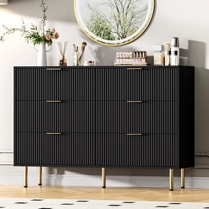 Modern Fluted 5/6/7 Drawer Dresser, Large Natural Wood Chest of Drawers with Gold Handles, Bedroom Storage Organizer, Stylish Dresser - 1 of 4