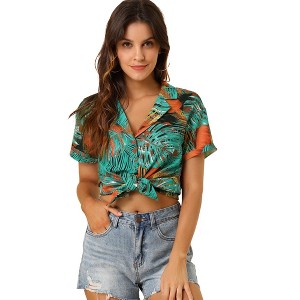Allegra K Women's Hawaiian Floral Leaves Printed Short Sleeve Button Down Vintage Shirt - 1 of 4