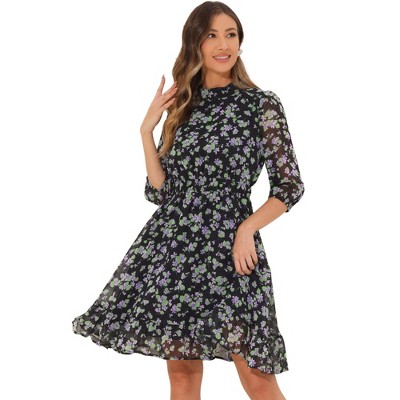 INSPIRE CHIC Women's Floral A-Line Casual Mock Neck Fit and Flare Chiffon Dress