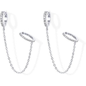 14K Gold Chain Earrings for Women | Double Piercing Dangle Chain Huggie Hoops with Cubic Zirconia & Pearl Stud Ear Cuff - 1 of 4
