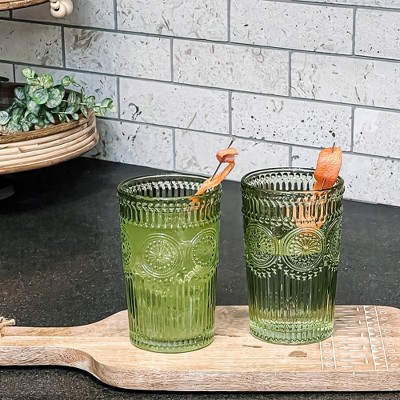 Vintage Textured Sage Green Ribbed Glassware Set of 6, 13 oz