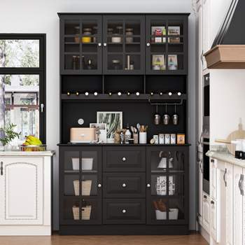 FAMAPY Black Wooden Sideboard, Food Pantry, Storage Cabinet with 3 Drawers, 13 Shelves and Wine Rack